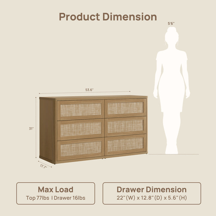 Zura Modern Rattan 6 Drawers Dresser, Sectional Design