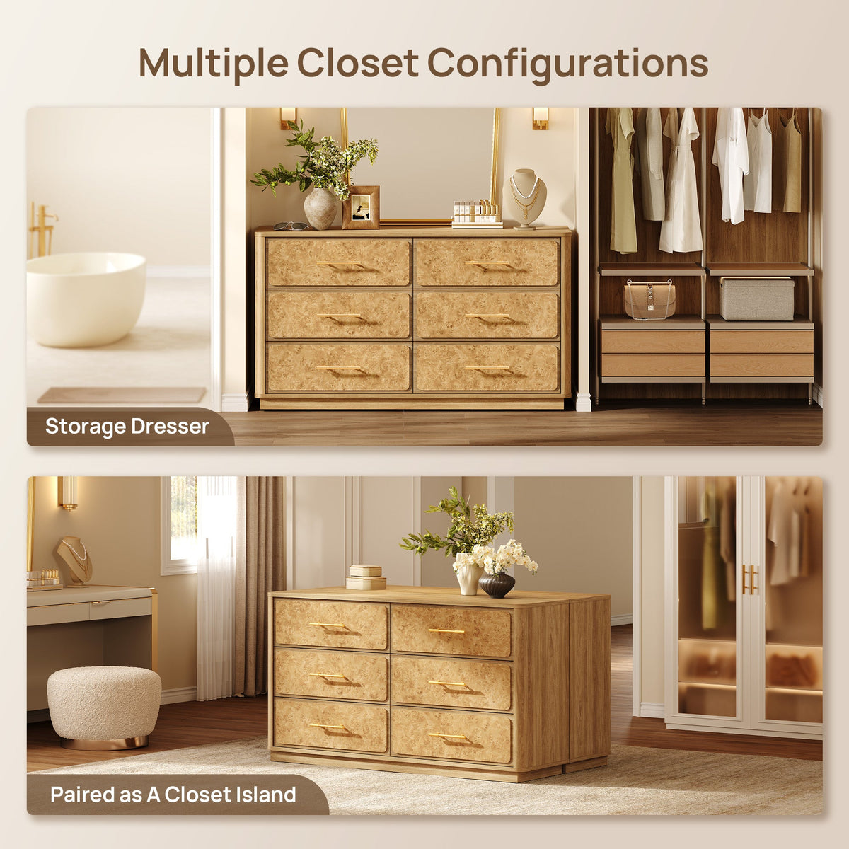Burluxe Dresser with 6 Drawers, Large Storage, Set of 2