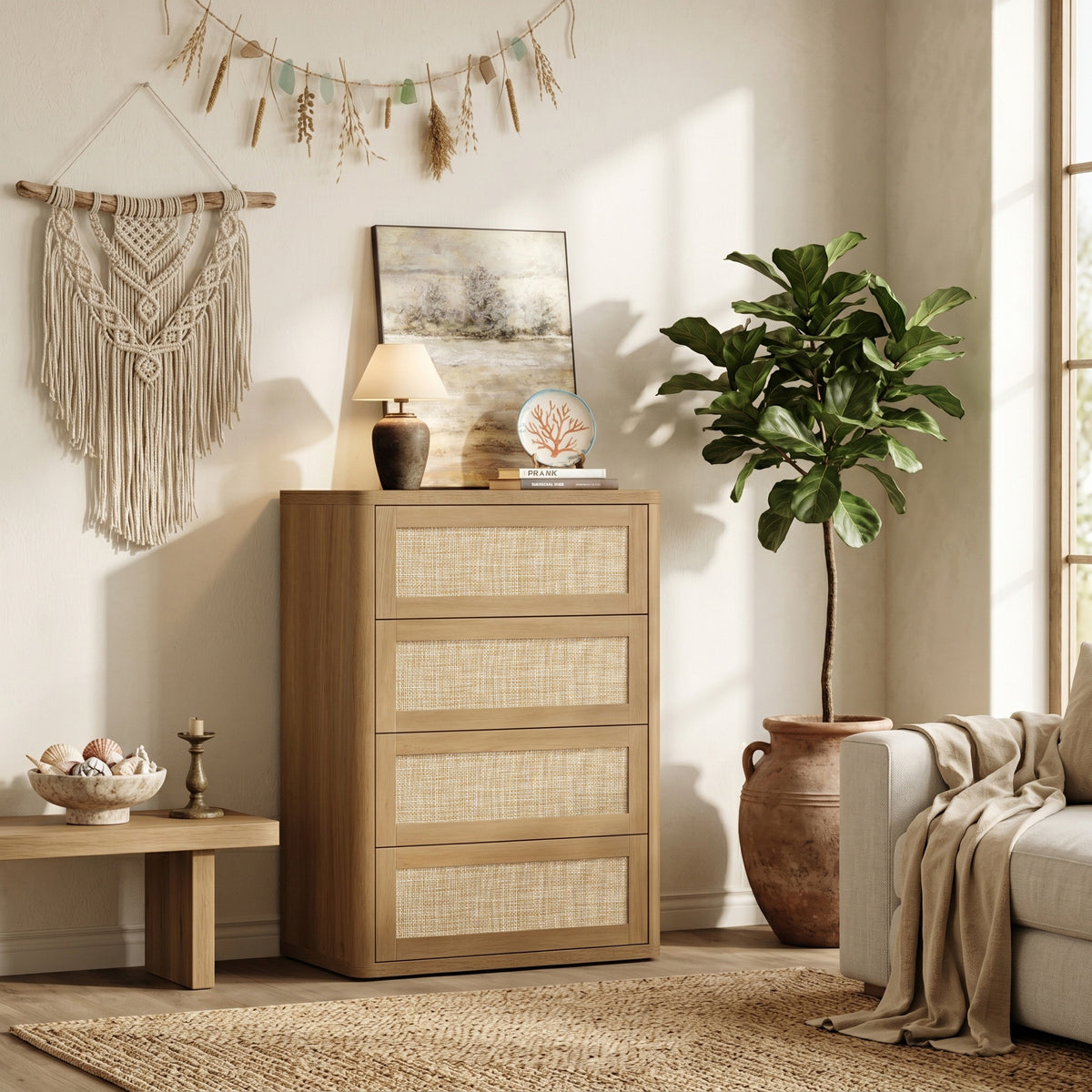 Zura Rattan 4-Drawer Dresser, Bedroom Storage