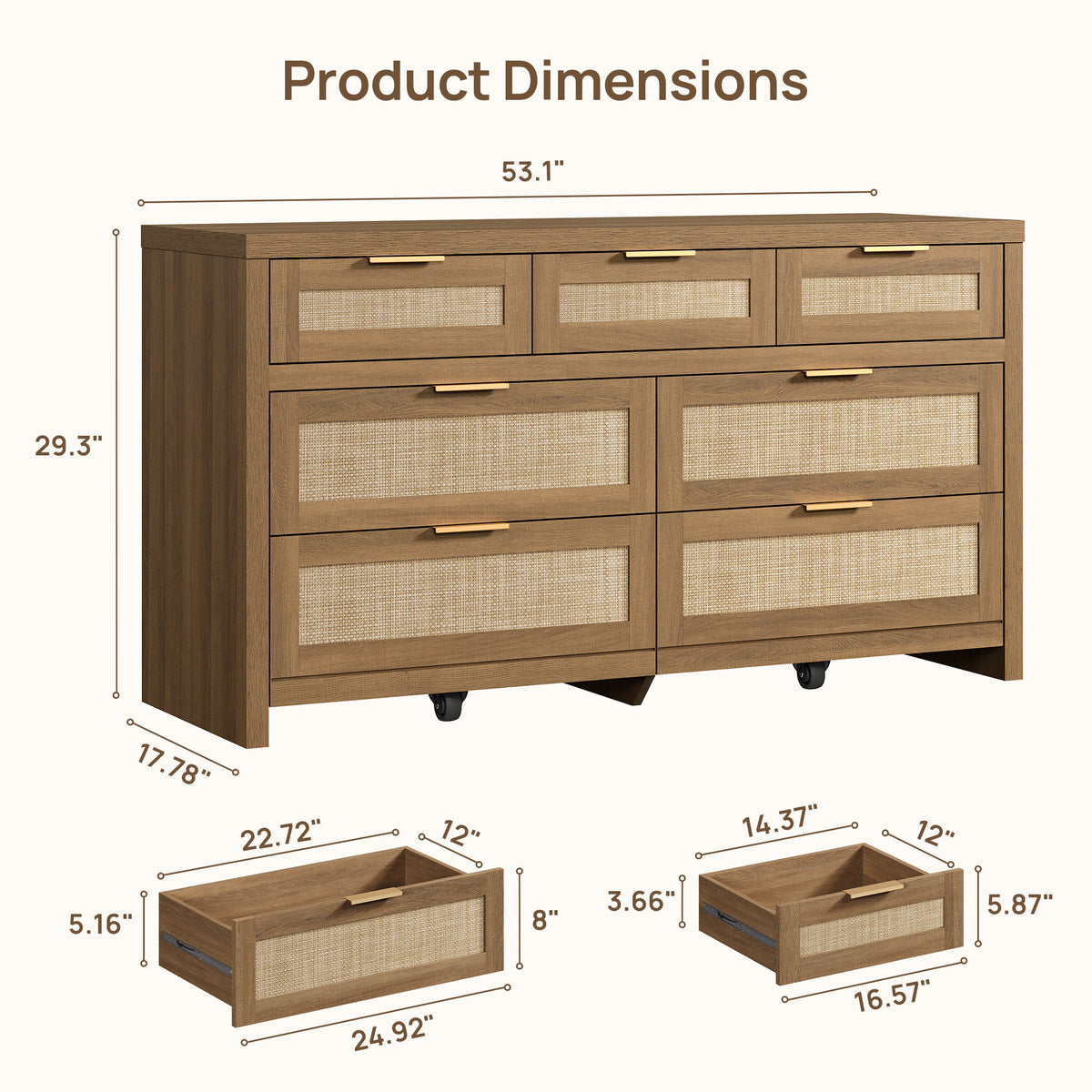 Savanna Boho 7-Drawer Dresser, Bedroom Storage, Set of 2