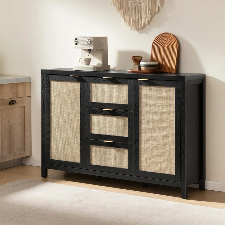 Modern sideboard with rattan panels, espresso finish, coffee maker and decor in a kitchen