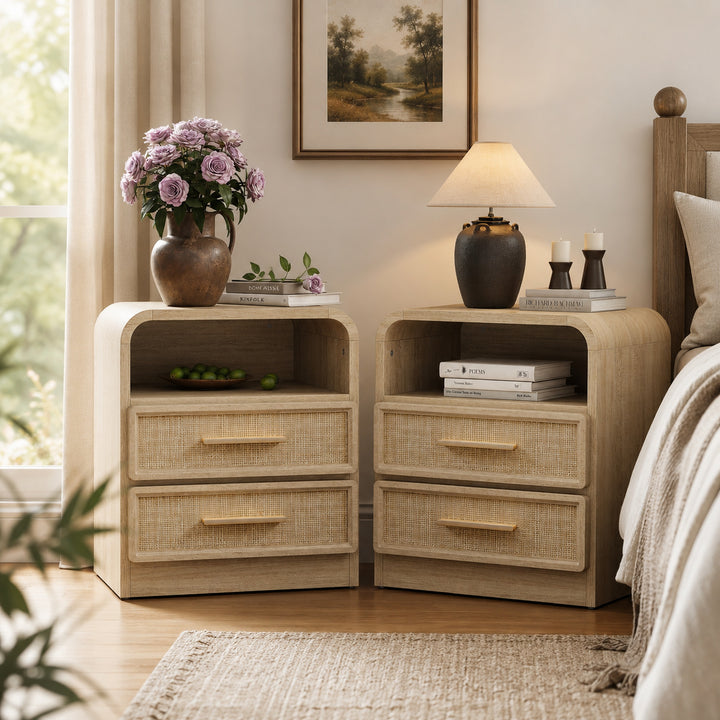 Crescent Rattan Nightstand with 2 Drawers, 25Inch Wide