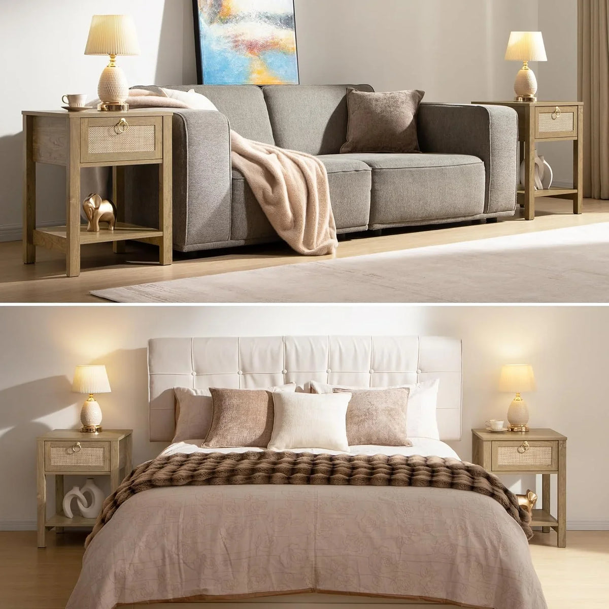 Modern living room and bedroom with beige nightstands, lamps, grey sofa and bed