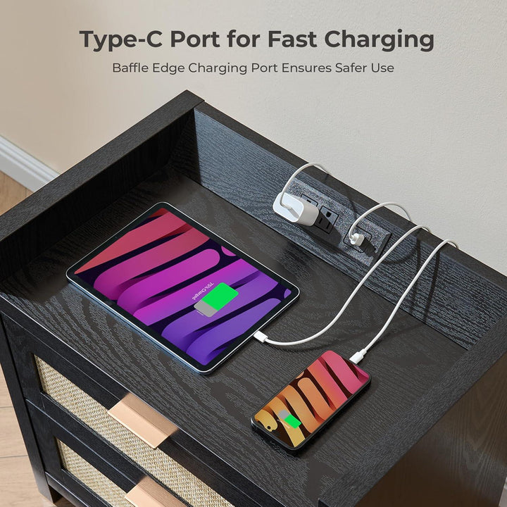 Black nightstand with built-in Type-C charging port, charging a tablet and smartphone