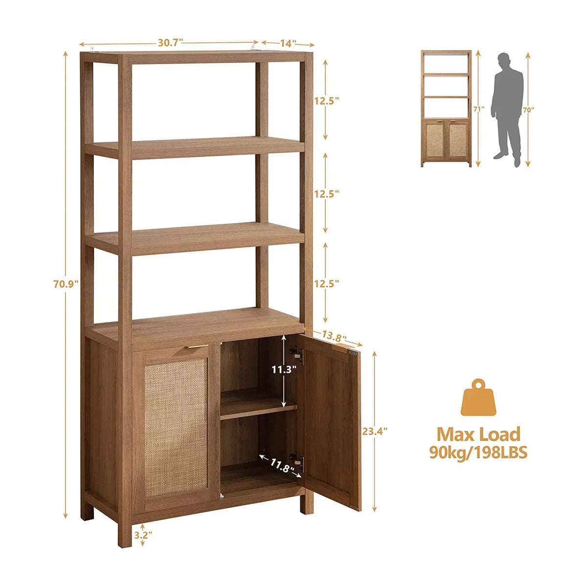 Wooden bookshelf with cabinet, dimensions and max load 198 lbs clearly shown.