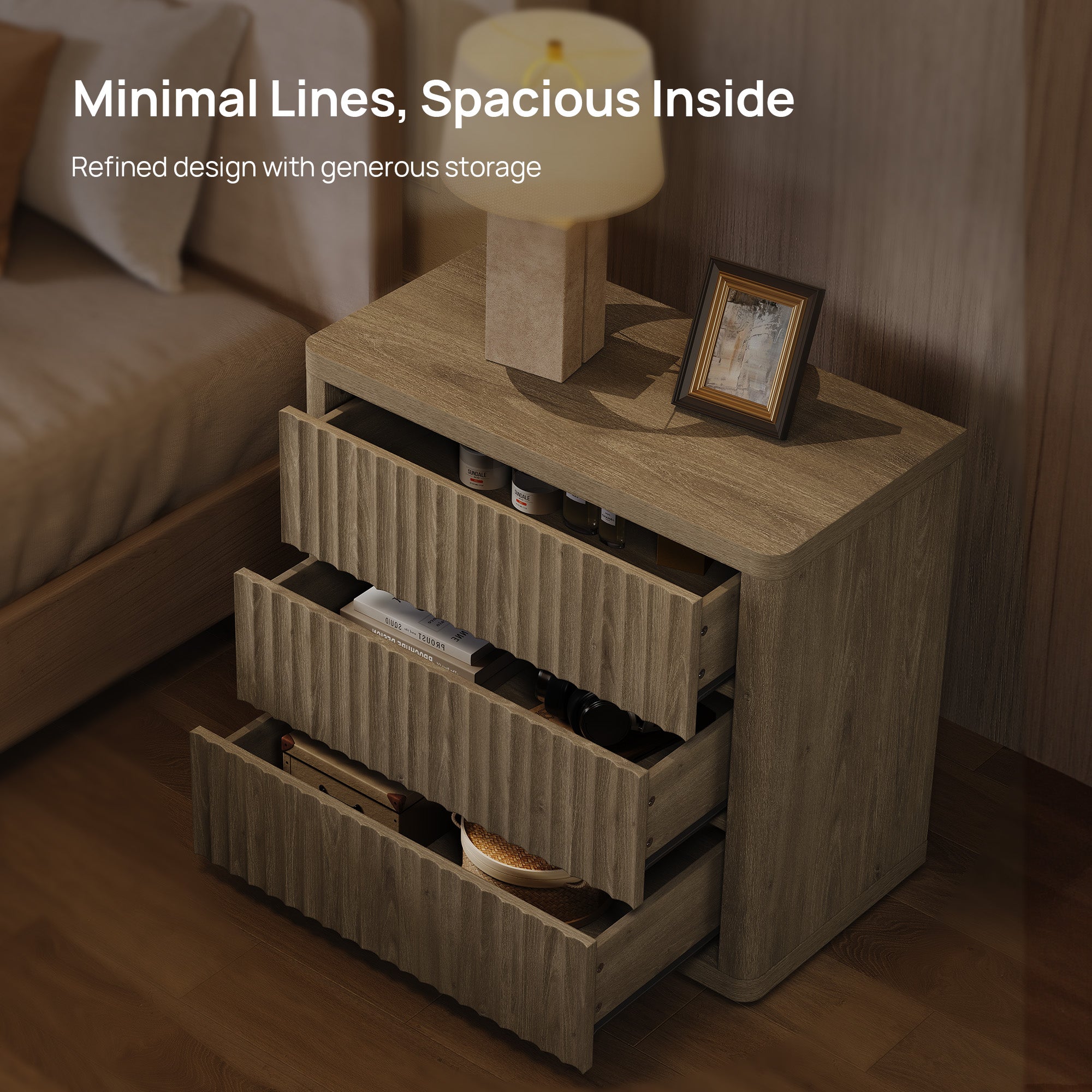 Cas Nightstand with 3 Drawers, Large Storage