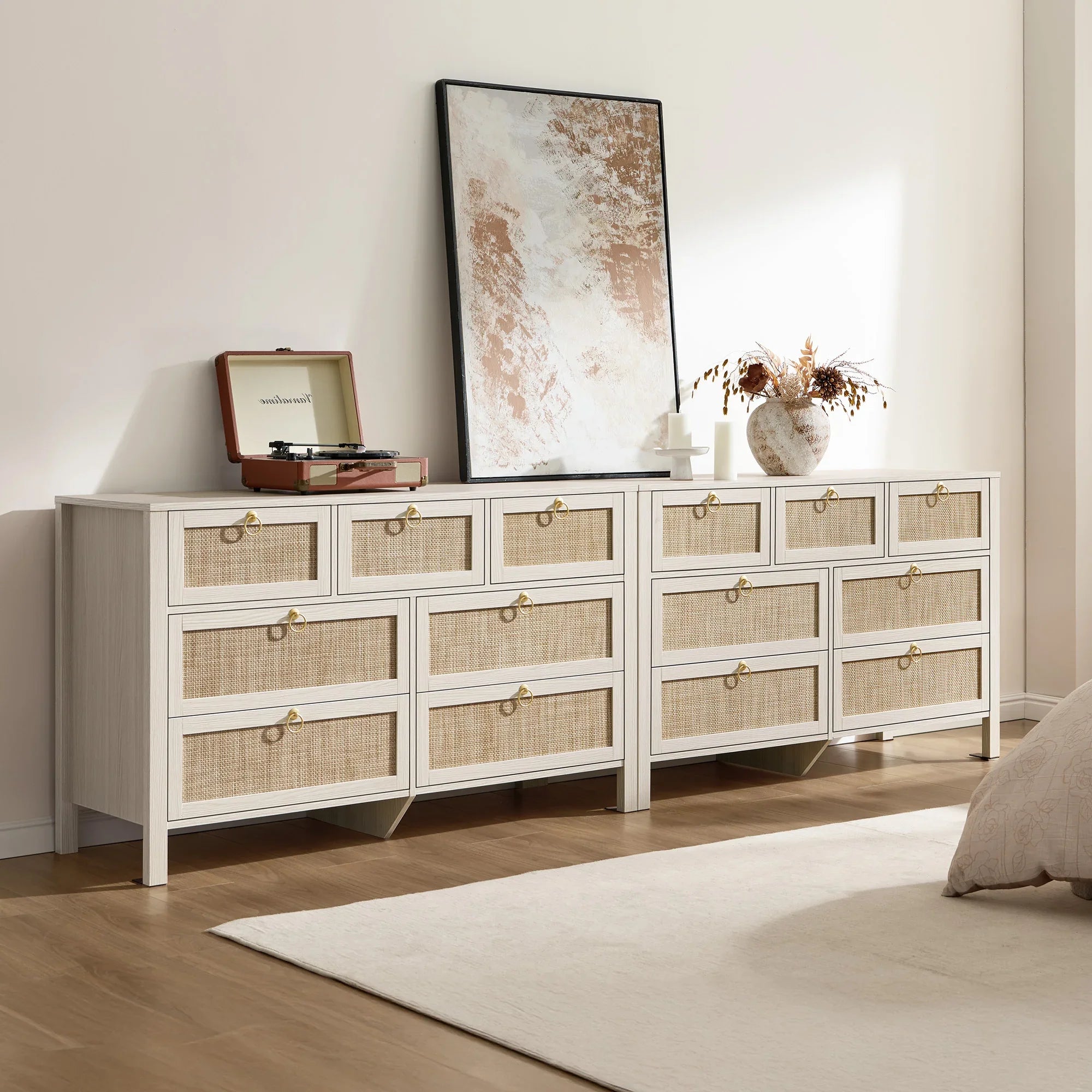 SICOTAS 7 Drawer Dresser 2 Pieces, Rattan Dressers for Nursery Closet Organizer Chests of Drawers, Clothes Storage Chest, TV Stand for Bedroom