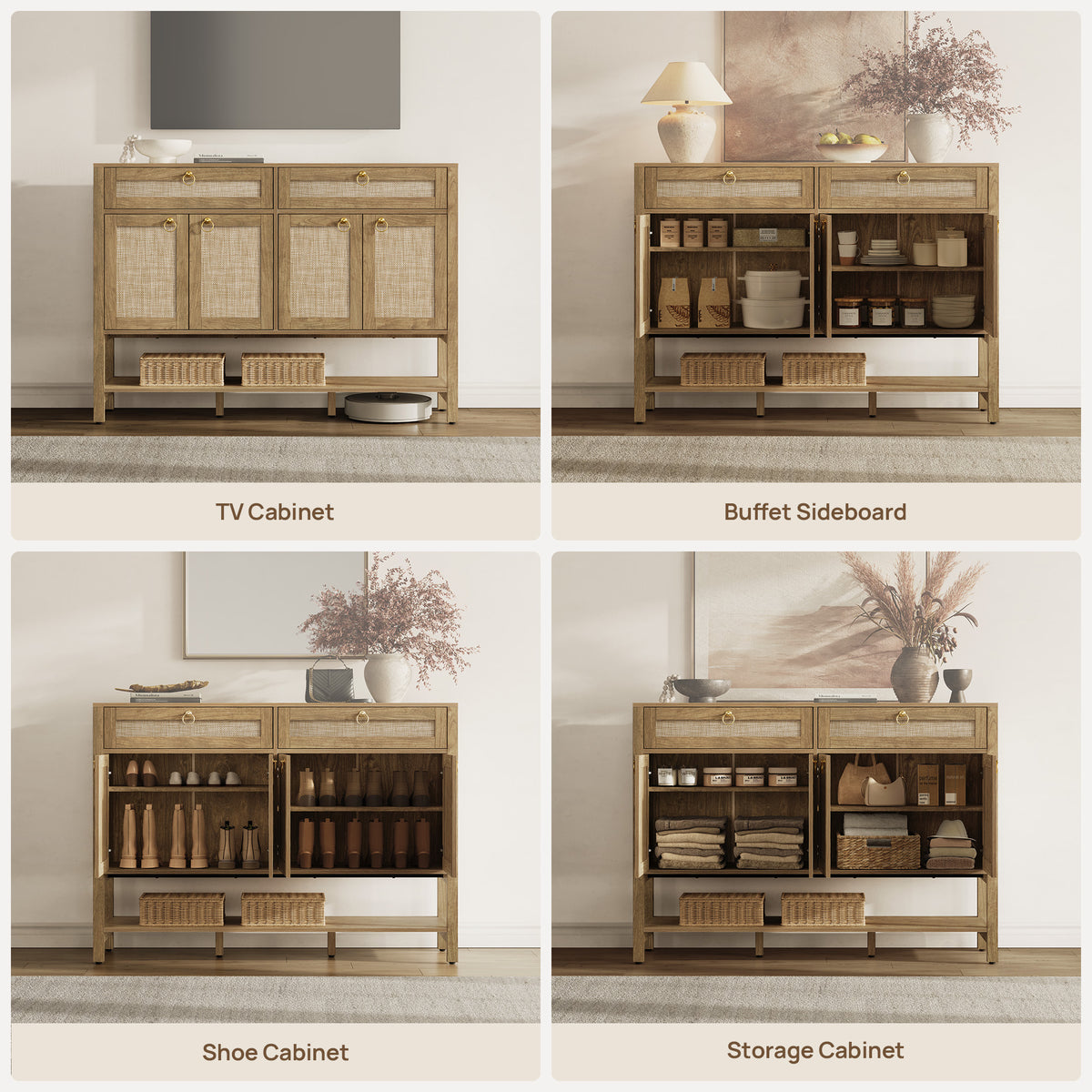 Terra Rattan Sideboard Cabinet, Modern Storage, Carbon Cherry, Set of 2