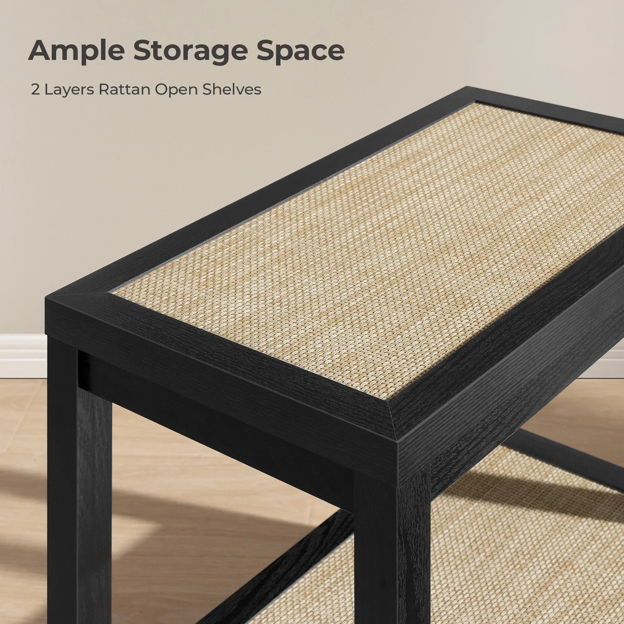 Black wood bench with two layers of rattan open shelves, ample storage space, modern design