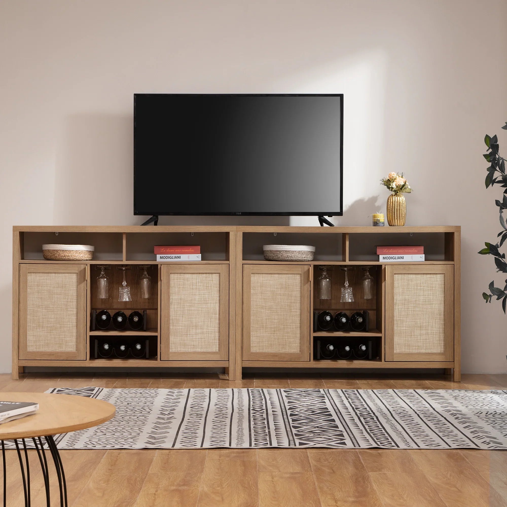 Modern wooden TV stand with rattan cabinet doors, wine storage, and decorative accents