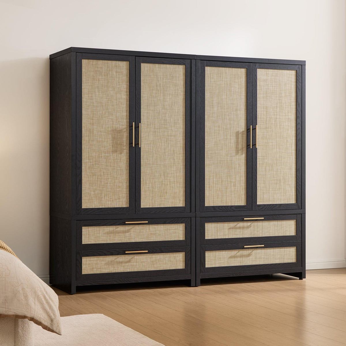 Savanna Rattan Wardrobe, 2 Drawers - 2 Pieces - Black Oak