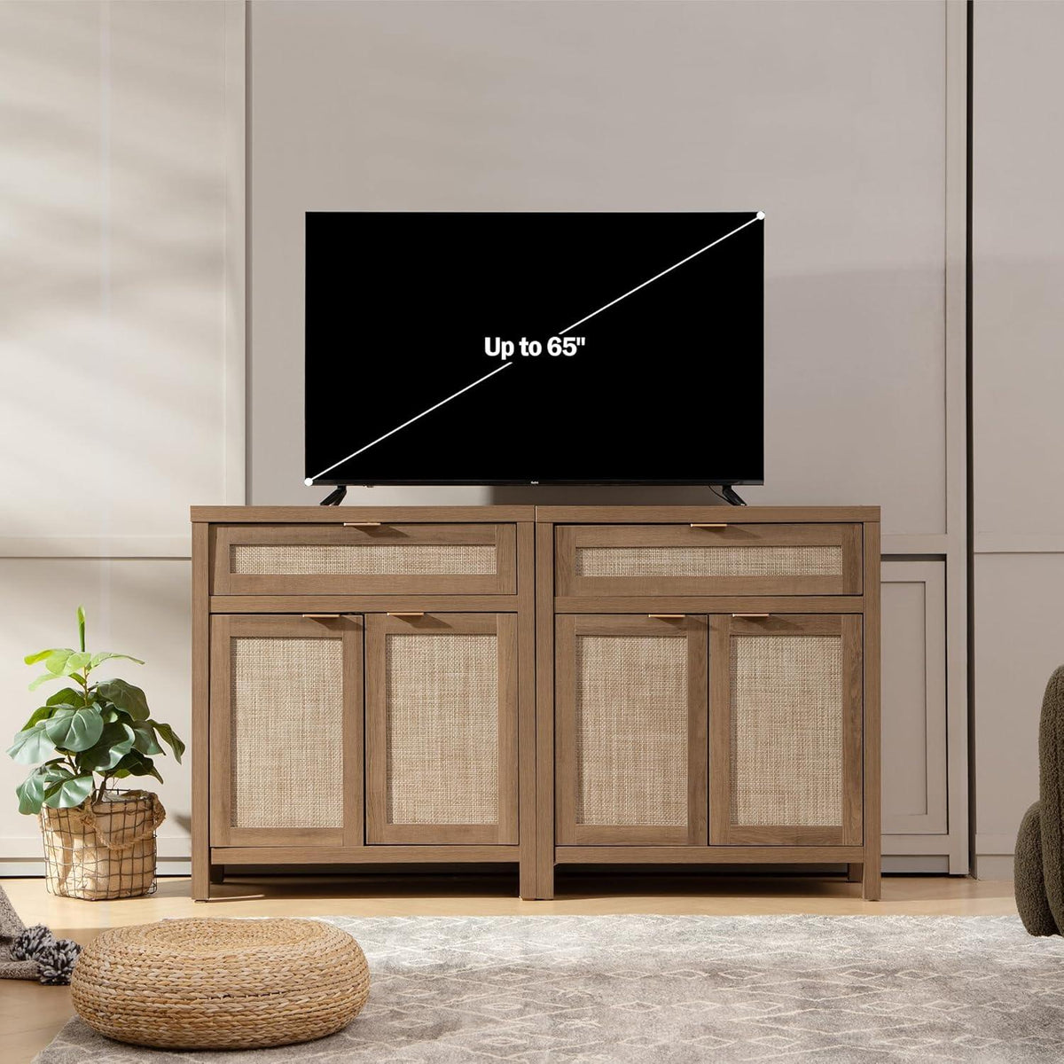 Wooden TV stand with woven rattan doors supports TV up to 65 inches in modern living room
