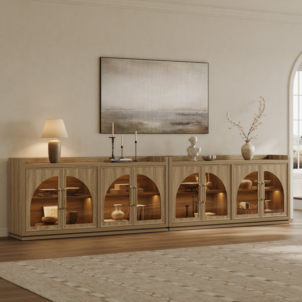 Helio Sideboard with Glass Doors and Light, Brown Oak, 2 Pieces