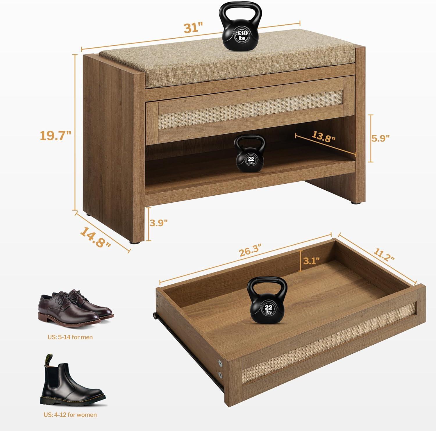 Wooden shoe storage bench with cushioned seat, pull-out drawer, and detailed measurements.