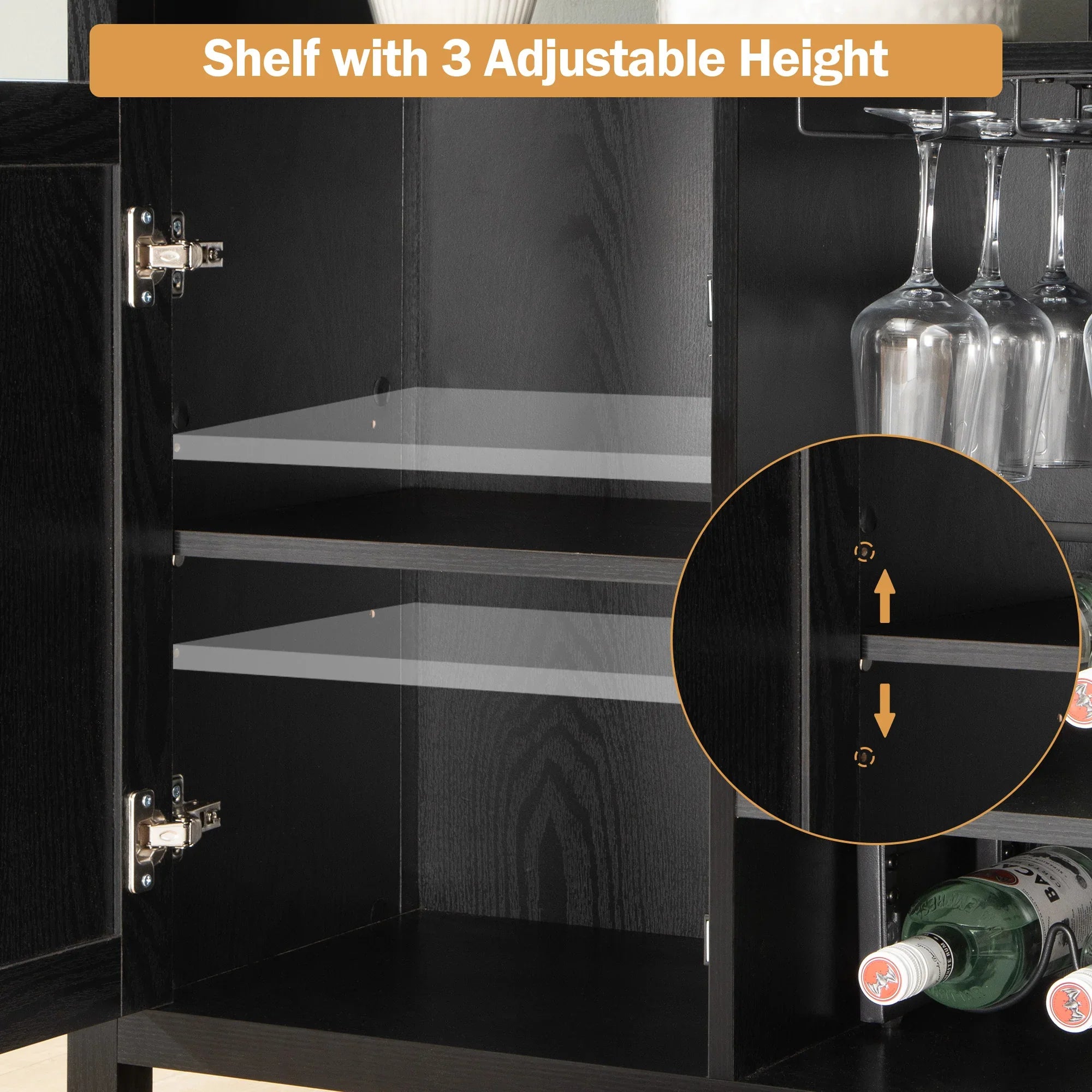 Black bar cabinet with 3 adjustable shelf heights and glass holder, wine storage feature.