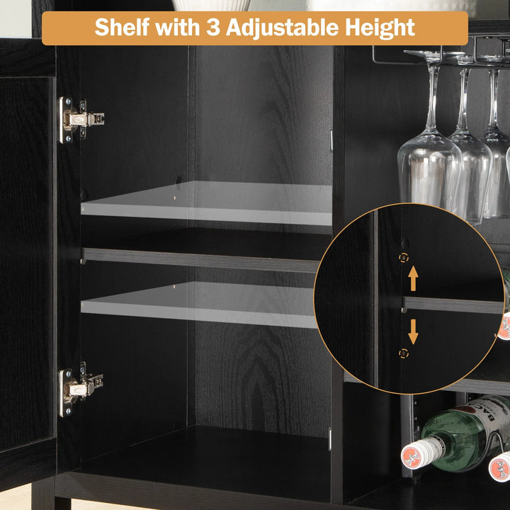 Black bar cabinet with 3 adjustable shelf heights and glass holder, wine storage feature.