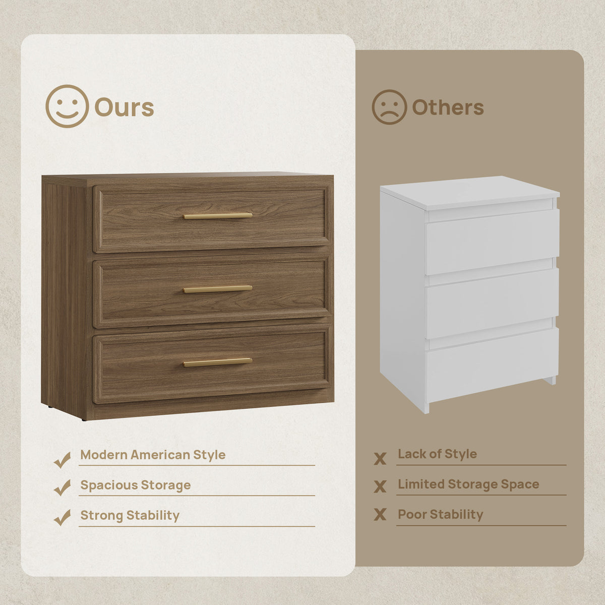 Crescent Nightstand with 3 Drawers