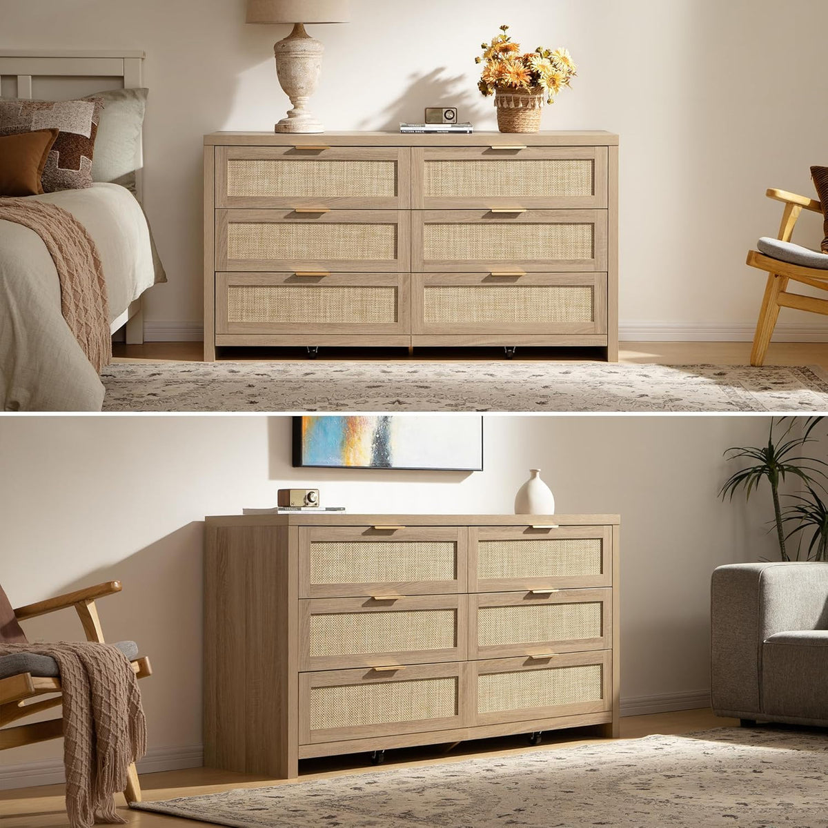 Savanna Boho 6 Drawer Dresser, Bedroom Storage, Set of 2