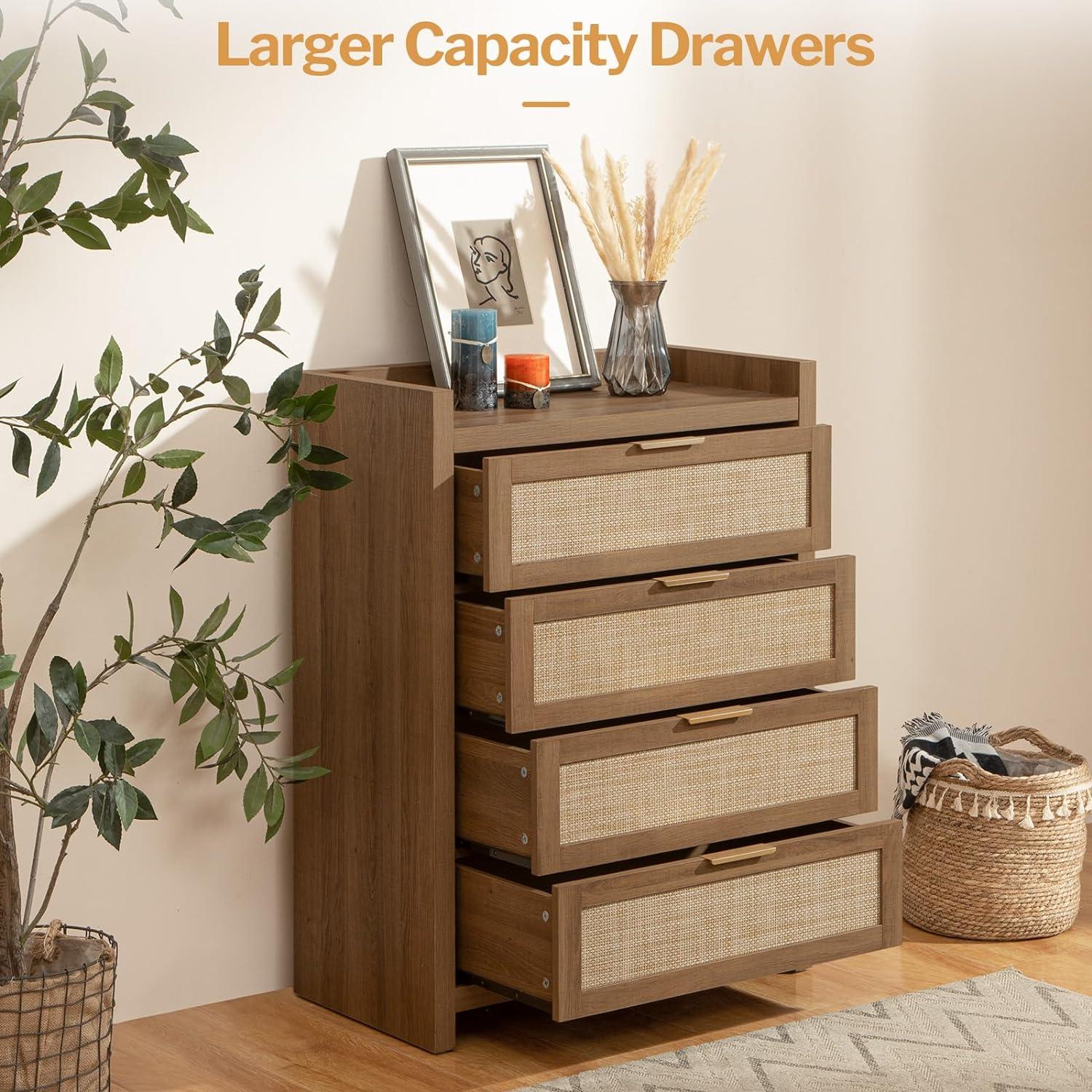 Modern wood chest with four large drawers, woven fronts, decor, and indoor plant
