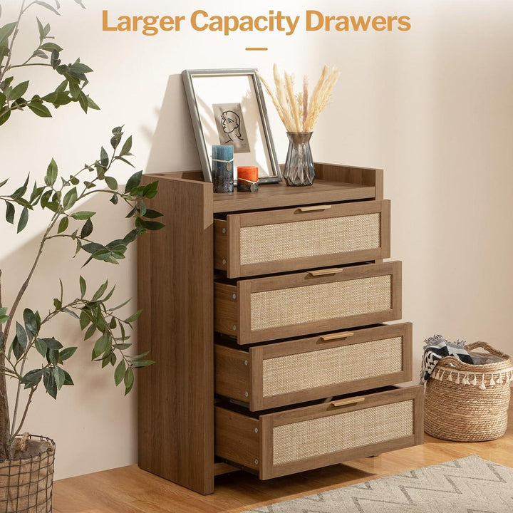 Modern wood chest with four large drawers, woven fronts, decor, and indoor plant