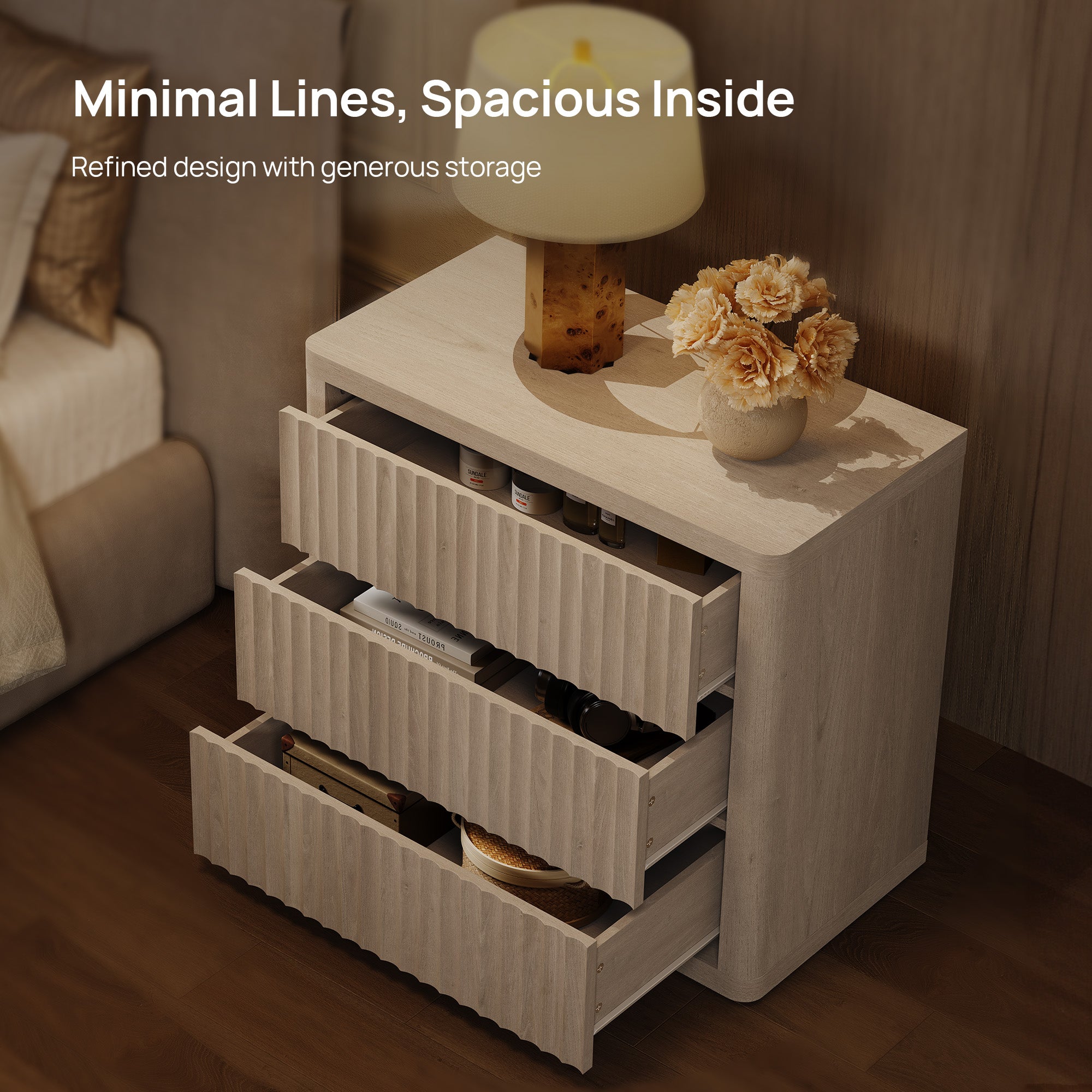 Cas Large-Size Nightstand, 3 Drawers