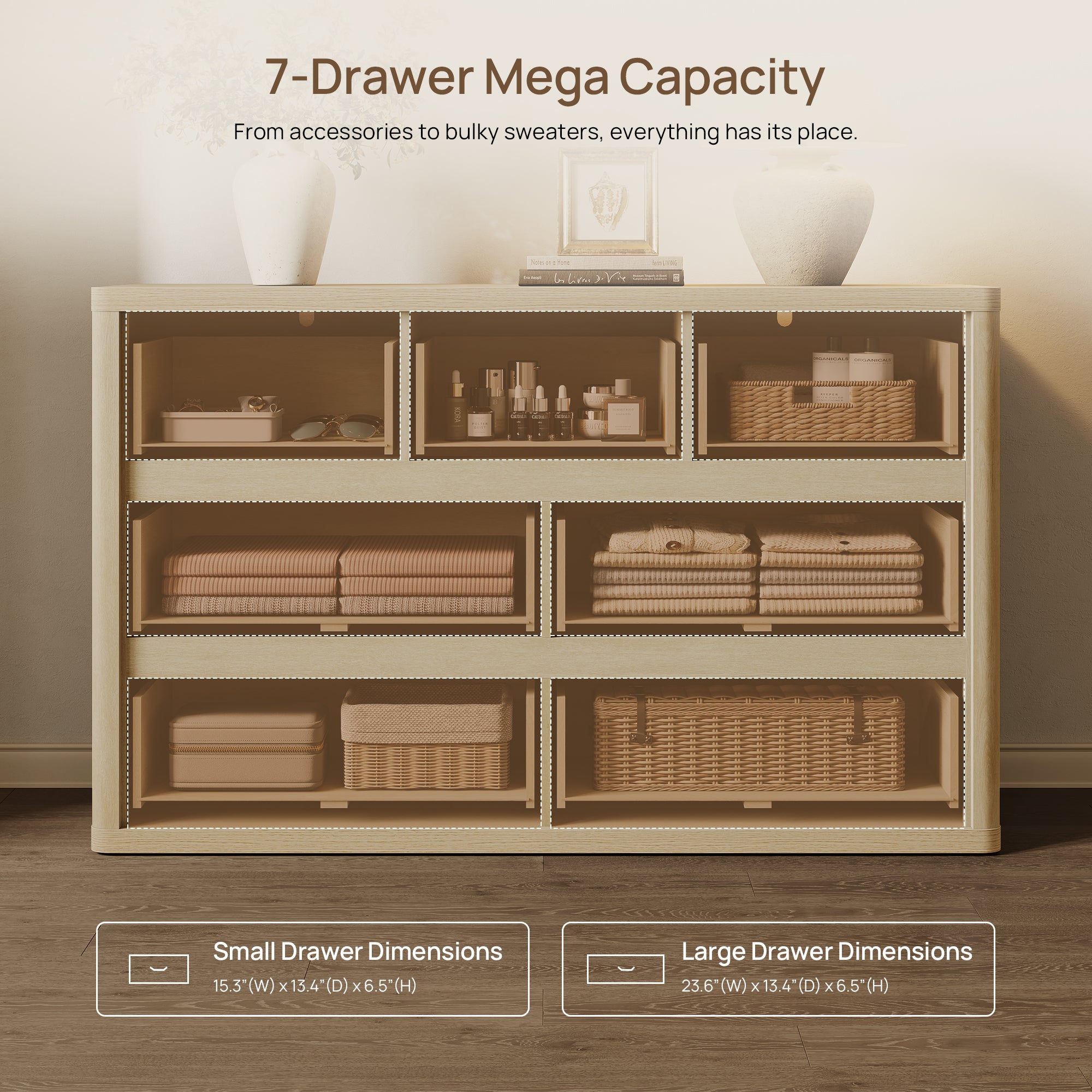 Cas Dresser with 7 Drawers, Large Storage