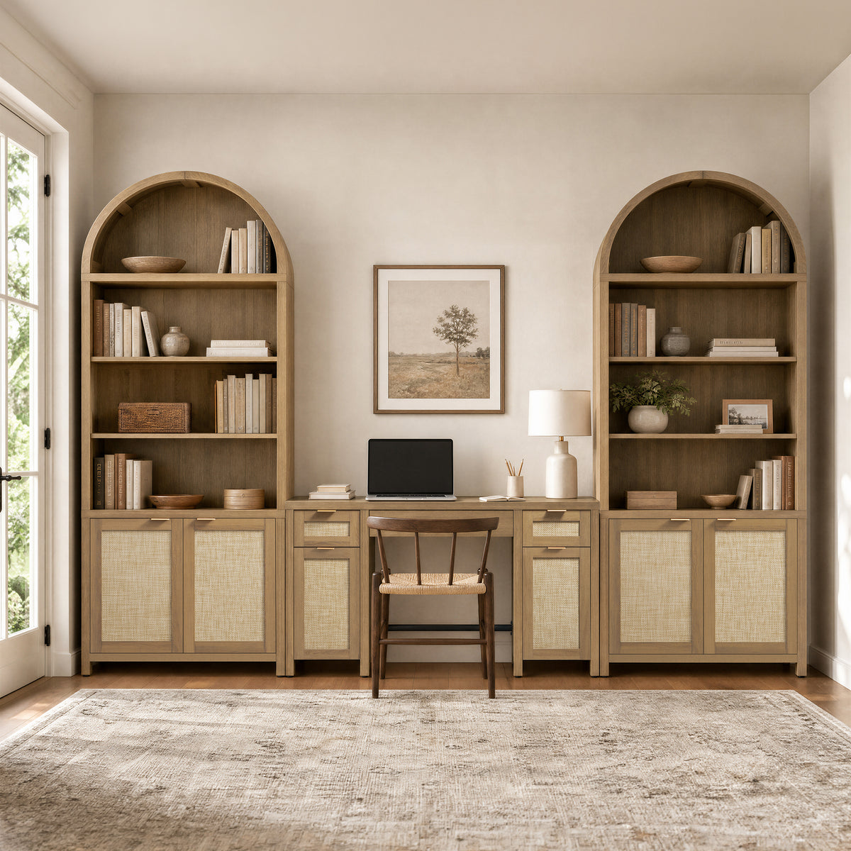 SICOTAS 3 Piece Furniture Set - 84.25" Tall Arched Cabinet & 52.1" Wide Desk with Rattan Doors, Adjustable Shelves, Hidden Handles for Study Room Home Office WM