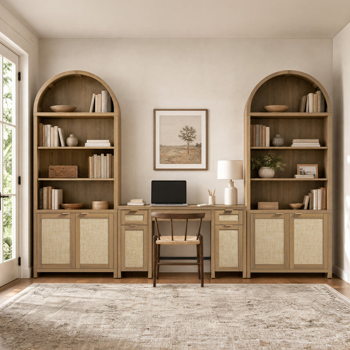 SICOTAS 3 Piece Furniture Set - 84.25" Tall Arched Cabinet & 52.1" Wide Desk with Rattan Doors, Adjustable Shelves, Hidden Handles for Study Room Home Office WM