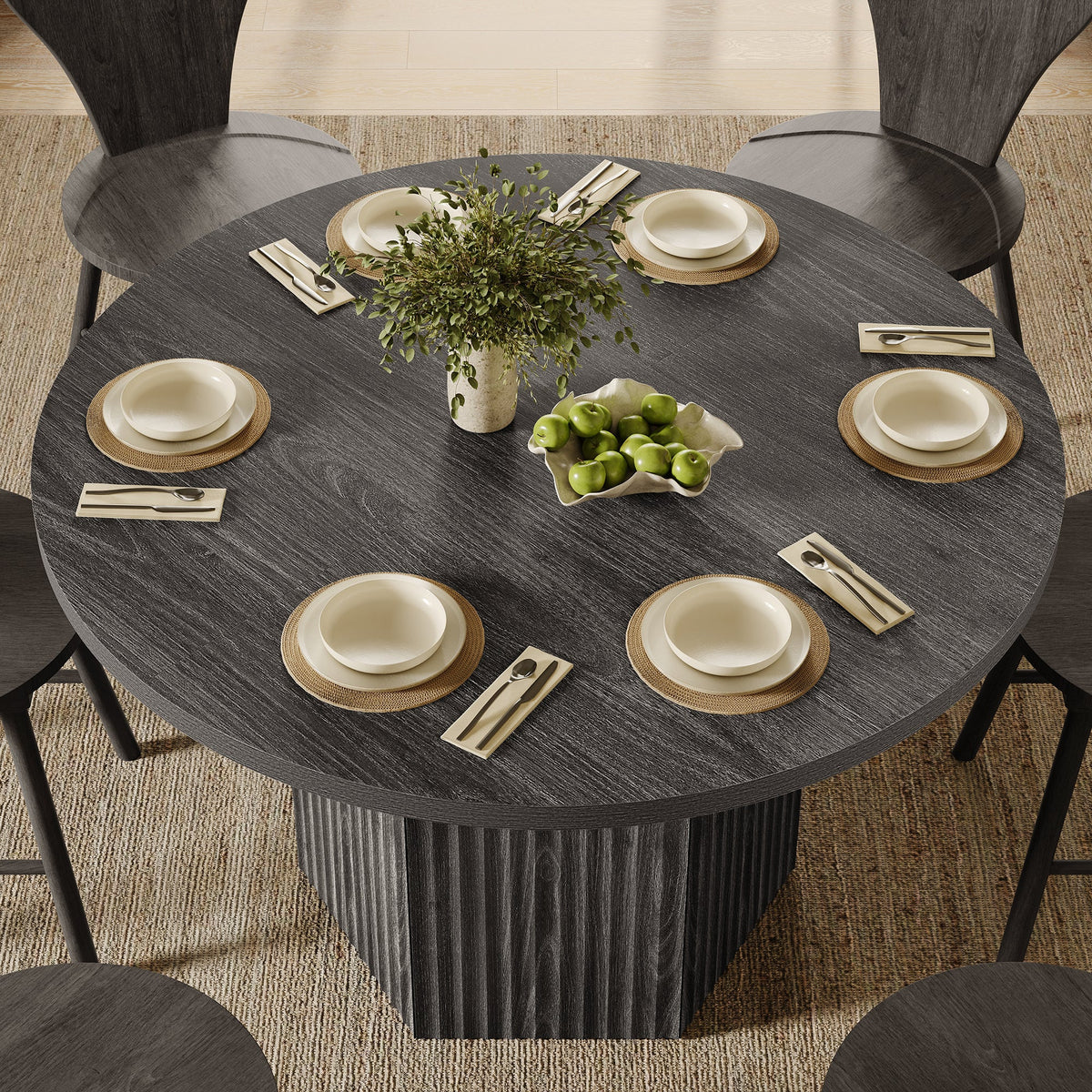 Cas Dining Table and Chairs Set for 6, Solid Wood - Dark Grey Alder - 1 Table & 4 Chairs