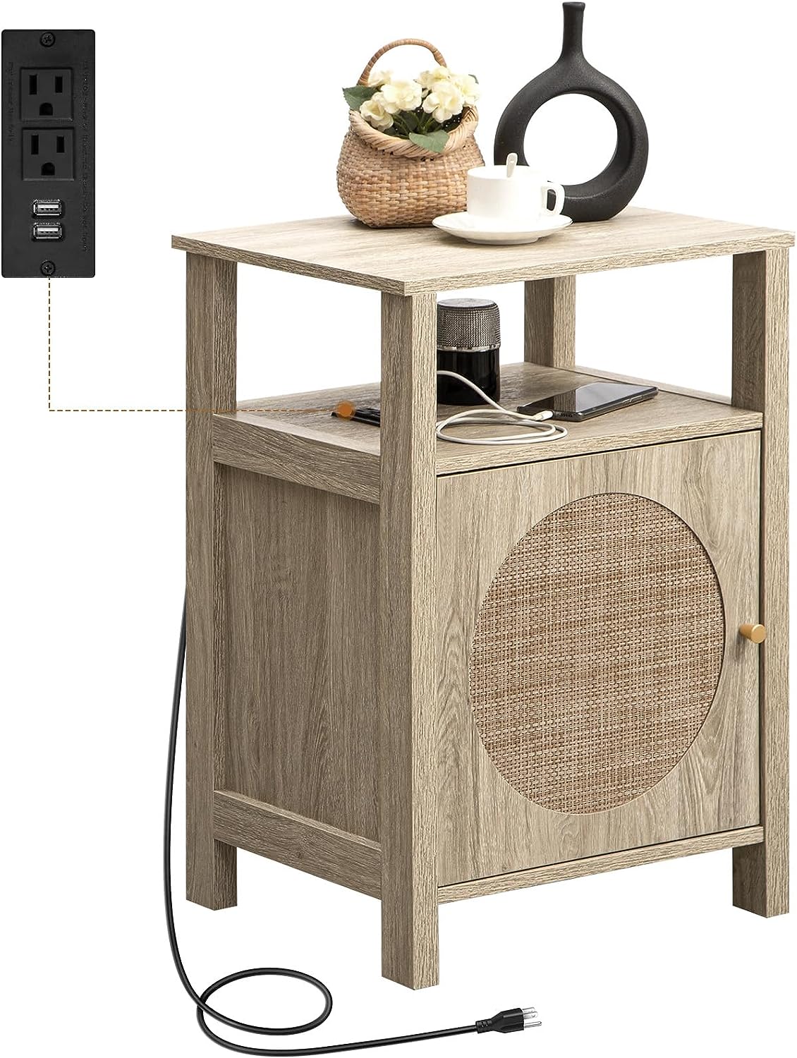 Rattan Nightstand With Charging Station - Sicotas