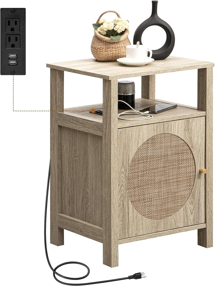 Rattan Nightstand With Charging Station - Sicotas