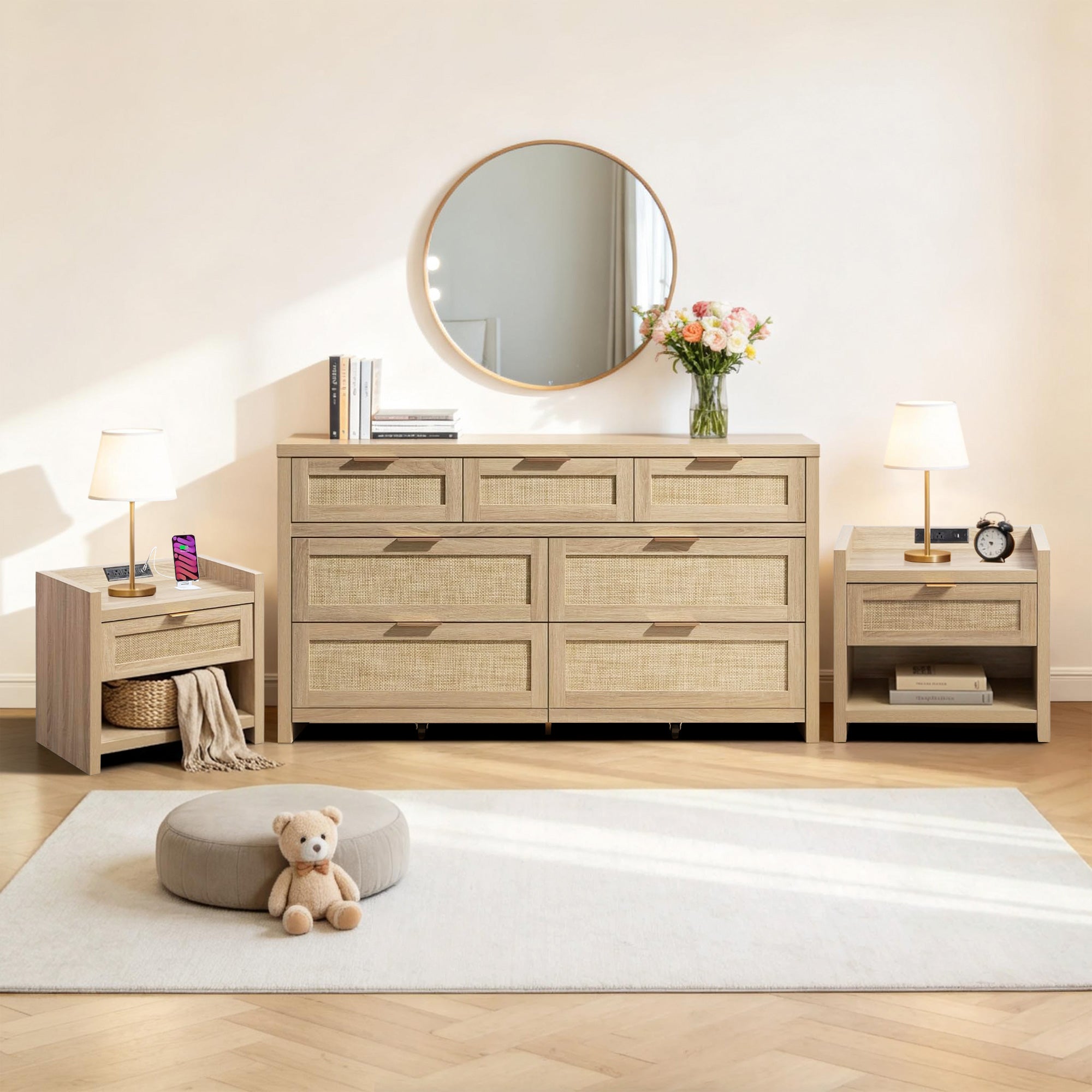 Savanna Nightstand with Charger and Dresser Set