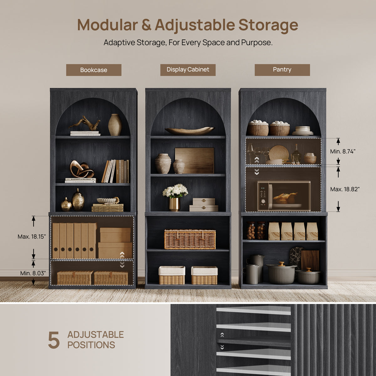 Stria 3-Tier Arched Bookcase, Fluted Style