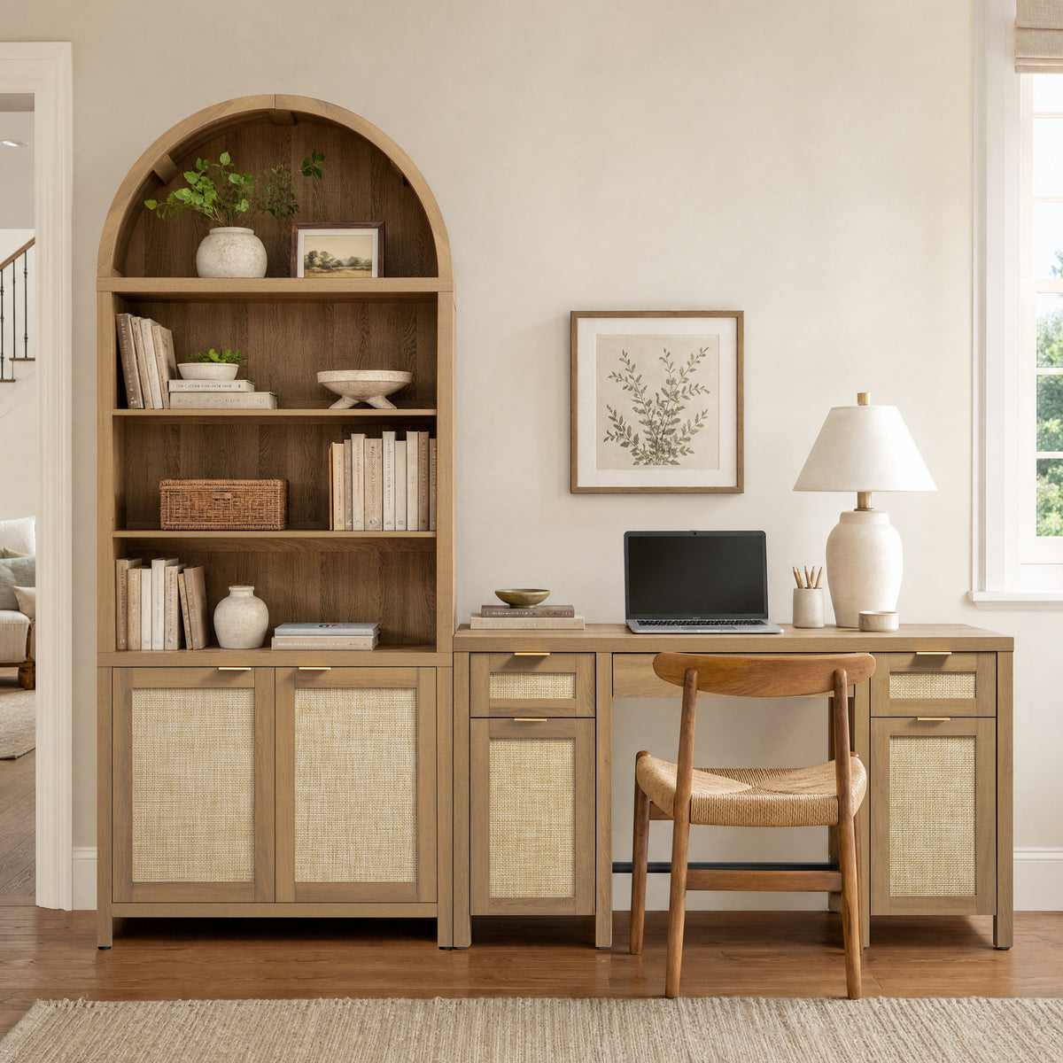 SICOTAS 3 Piece Furniture Set - 84.25" Tall Arched Cabinet & 52.1" Wide Desk with Rattan Doors, Adjustable Shelves, Hidden Handles for Study Room Home Office WM