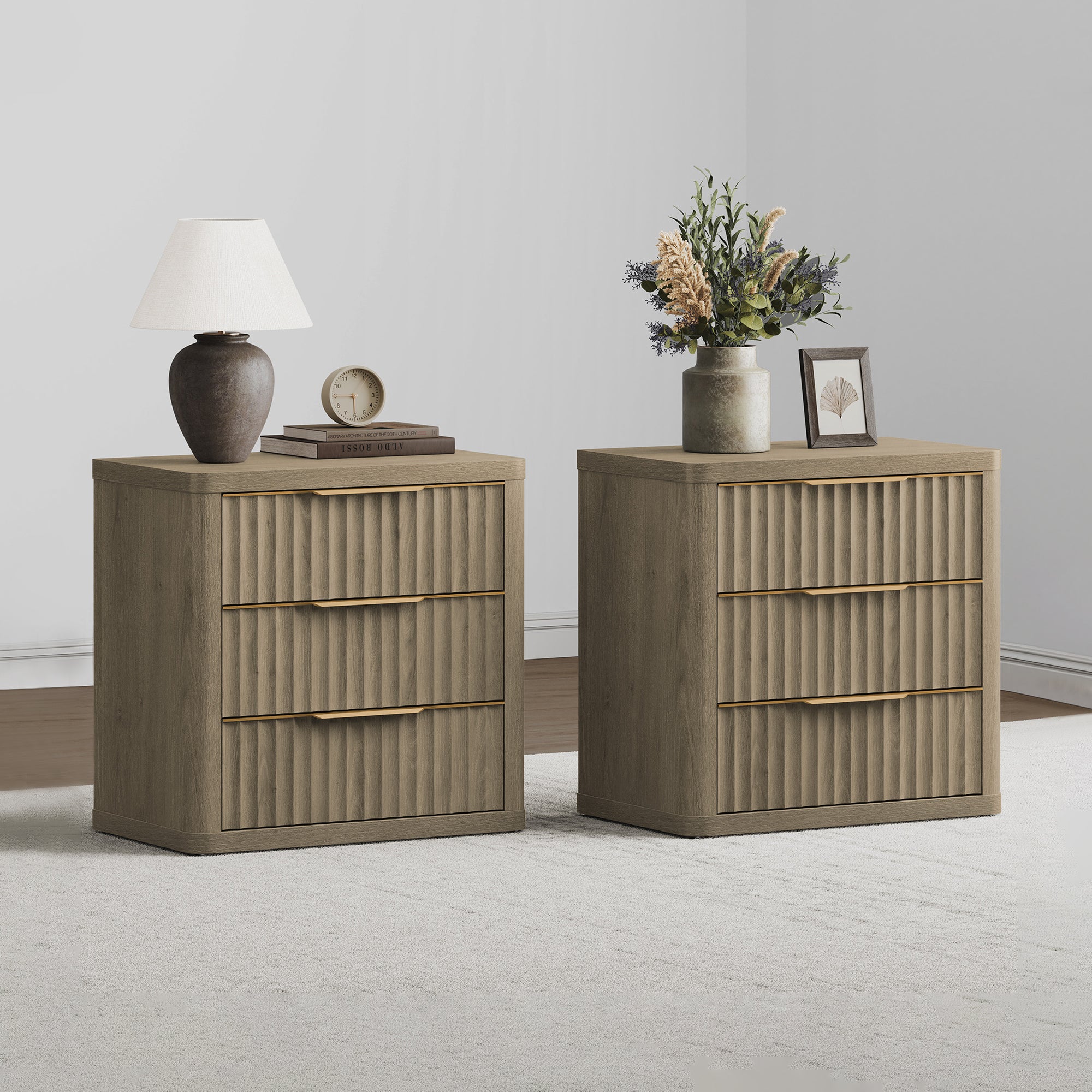 Cas Nightstands 3 Drawers, Golden Handle