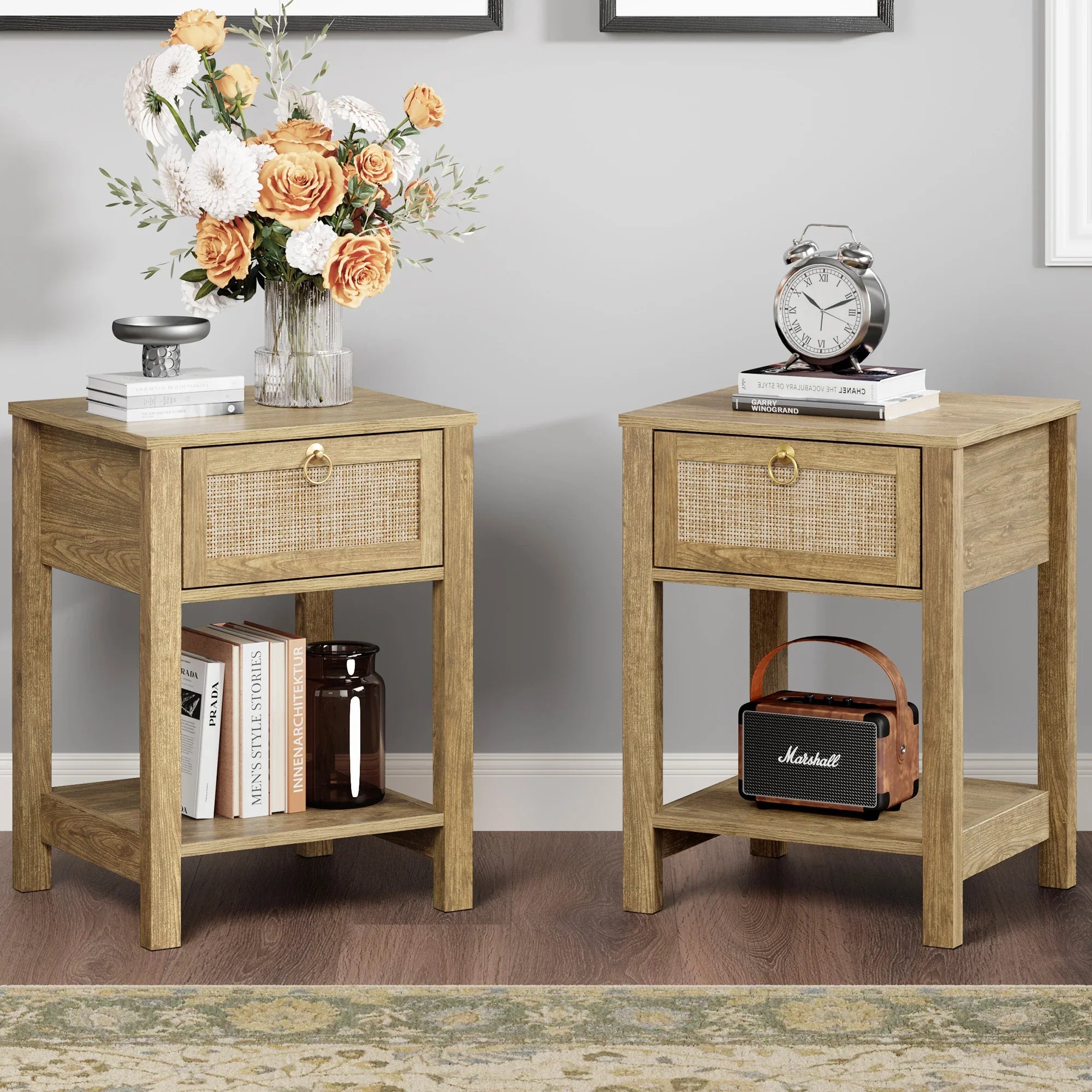 Pair of rustic wood nightstands with wicker drawers, floral arrangement, alarm clock, and books