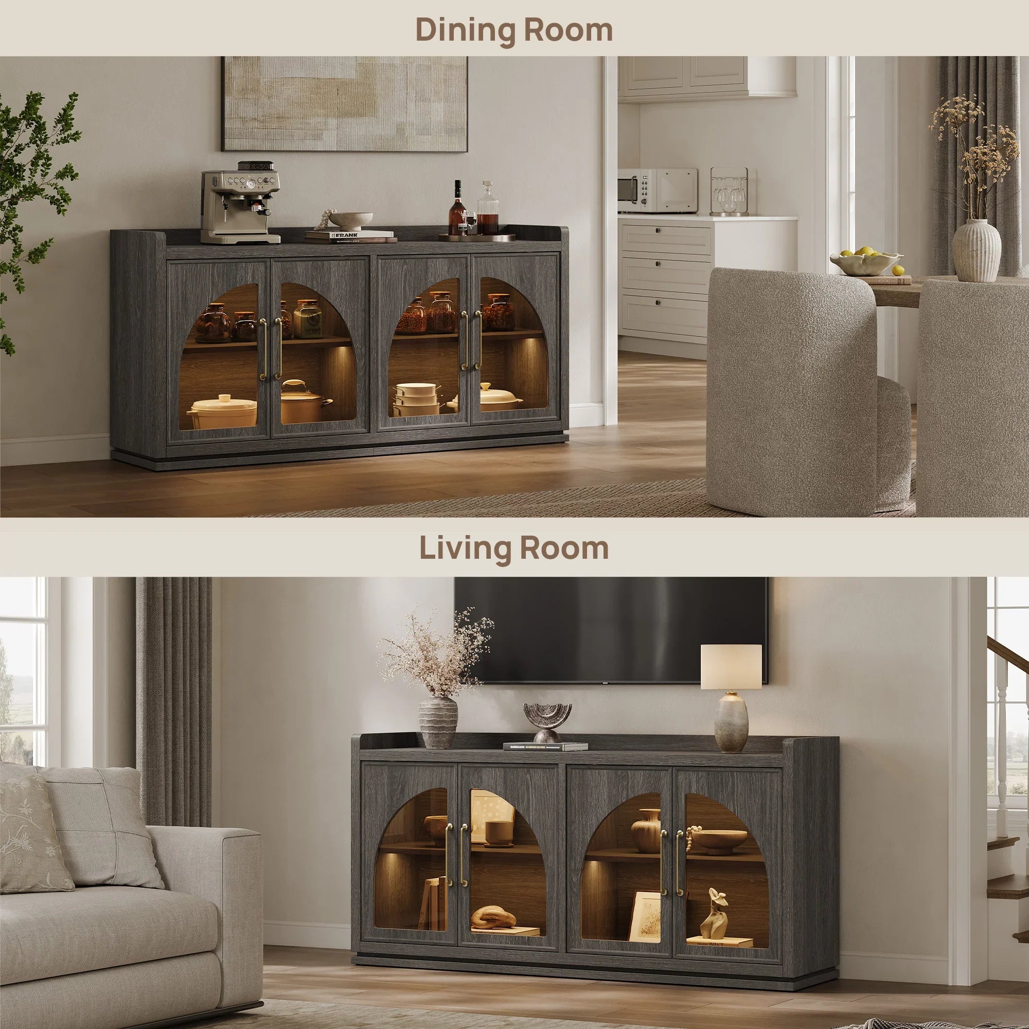 Light wood-colored wooden sideboard with arched glass doors, interior lighting, and decorative items on top, used in living or dining areas.