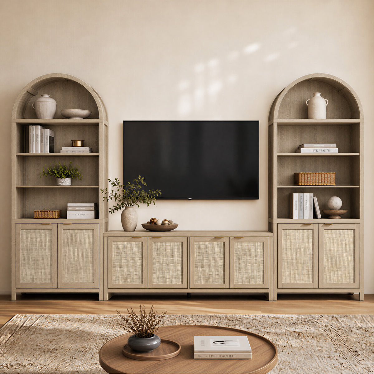 SICOTAS 2 Piece Farmhouse Living Room Furniture Set – TV Stand & Arched Display Cabinets,Rattan Storage Cabinet
