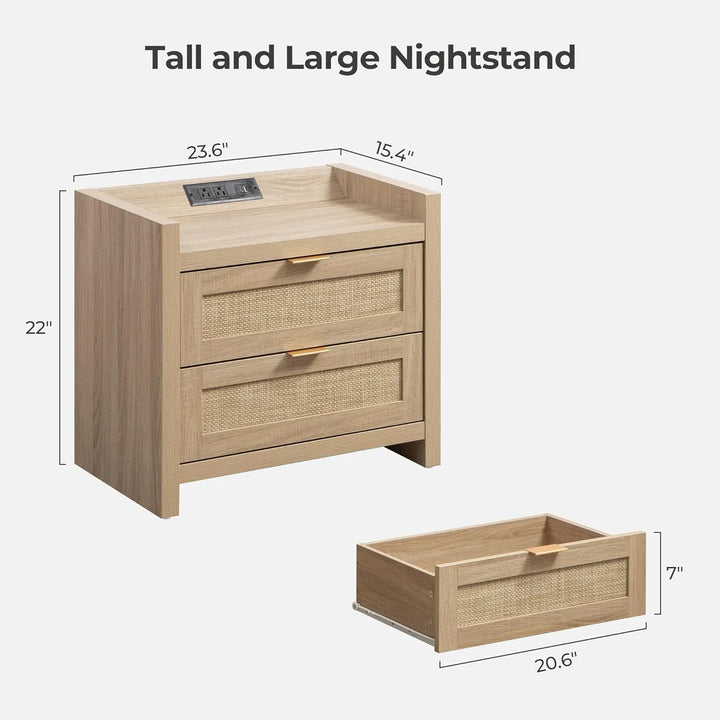 Light wood tall and large nightstand with two drawers, built-in outlet, and dimensions shown.