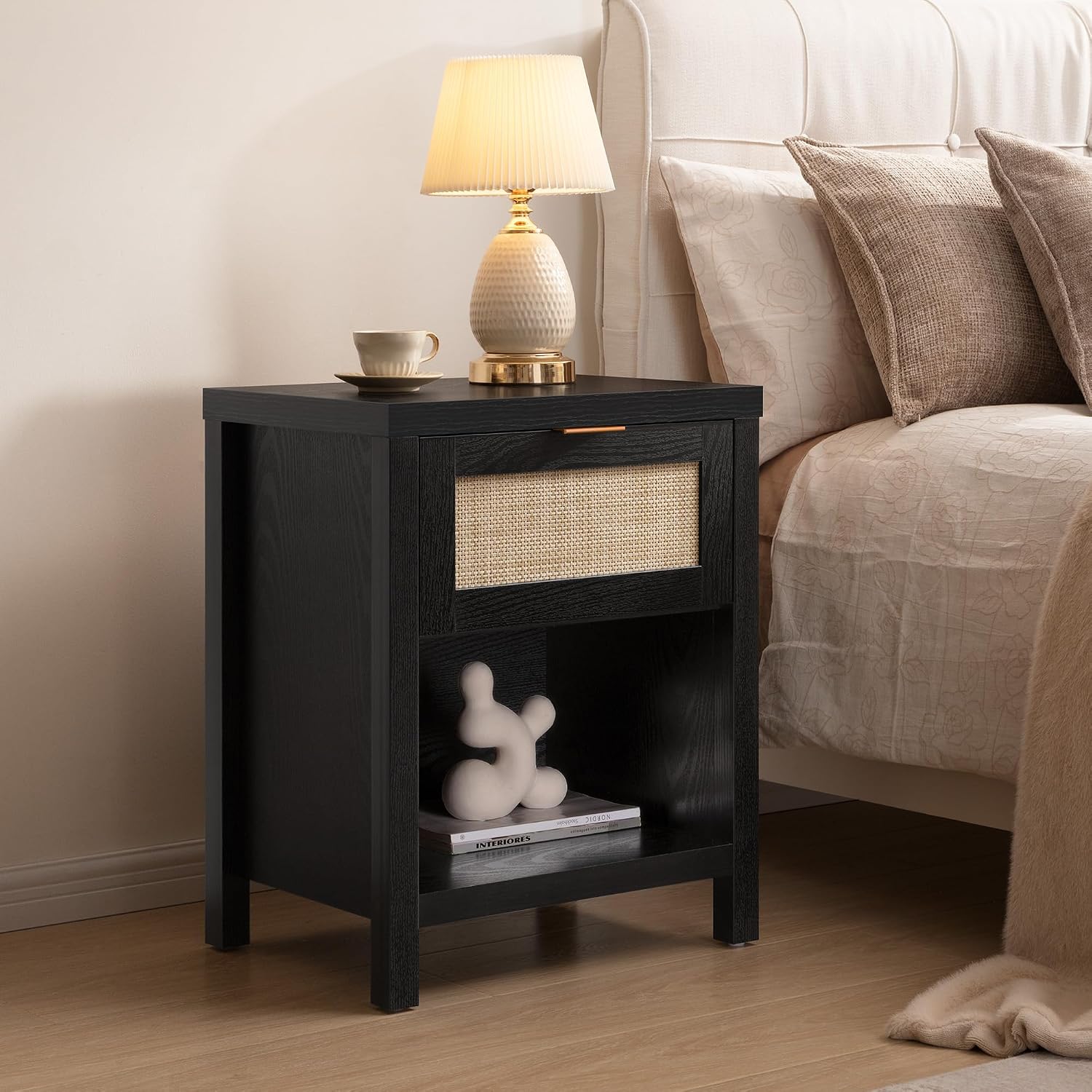 SICOTAS Rattan 4 Piece Bedroom Sets, Wardrobe with Drawer and Doors, 6-Drawer Dresser and 1-Drawer Nightstand Sets, Black Oak