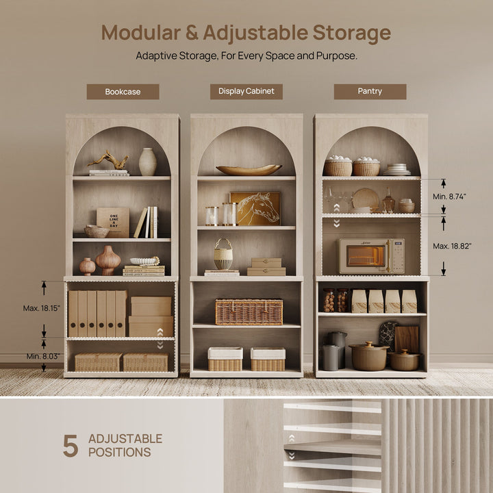 Stria Arched Bookcase with Fluted Cabinet Doors