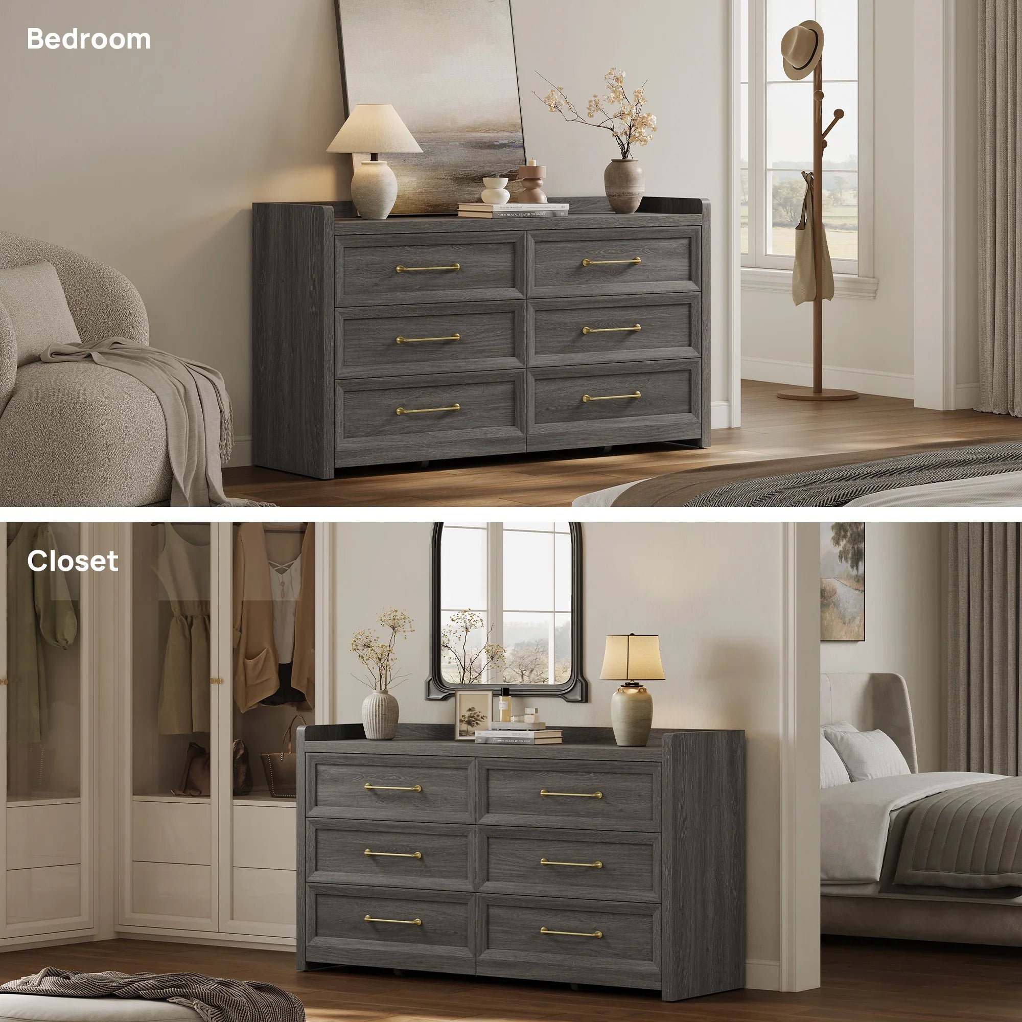 Helio 6-Drawer Dresser and Nightstands Set For Bedroom