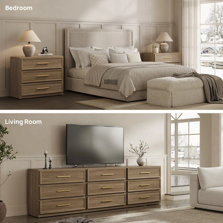 Modern bedroom and living room with wood dressers, neutral decor, and large windows