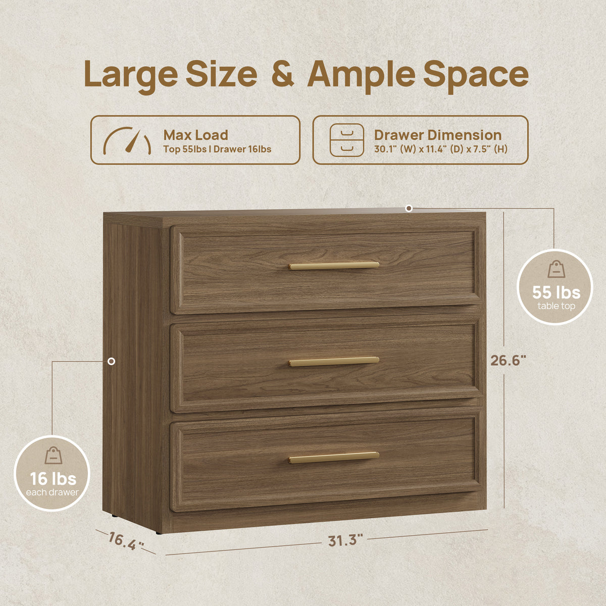 Crescent 3-Drawer Nightstand for Bedroom, Set of 2