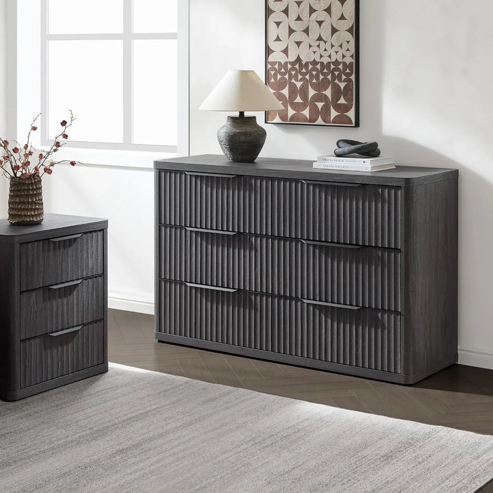 SICOTAS Fluted Bedroom Sets Dresser and Nightstand 3 Piece Sets, Dark Grey Oak 6-Drawer Dresser and Nightstand Set Dresser Set for Bedroom