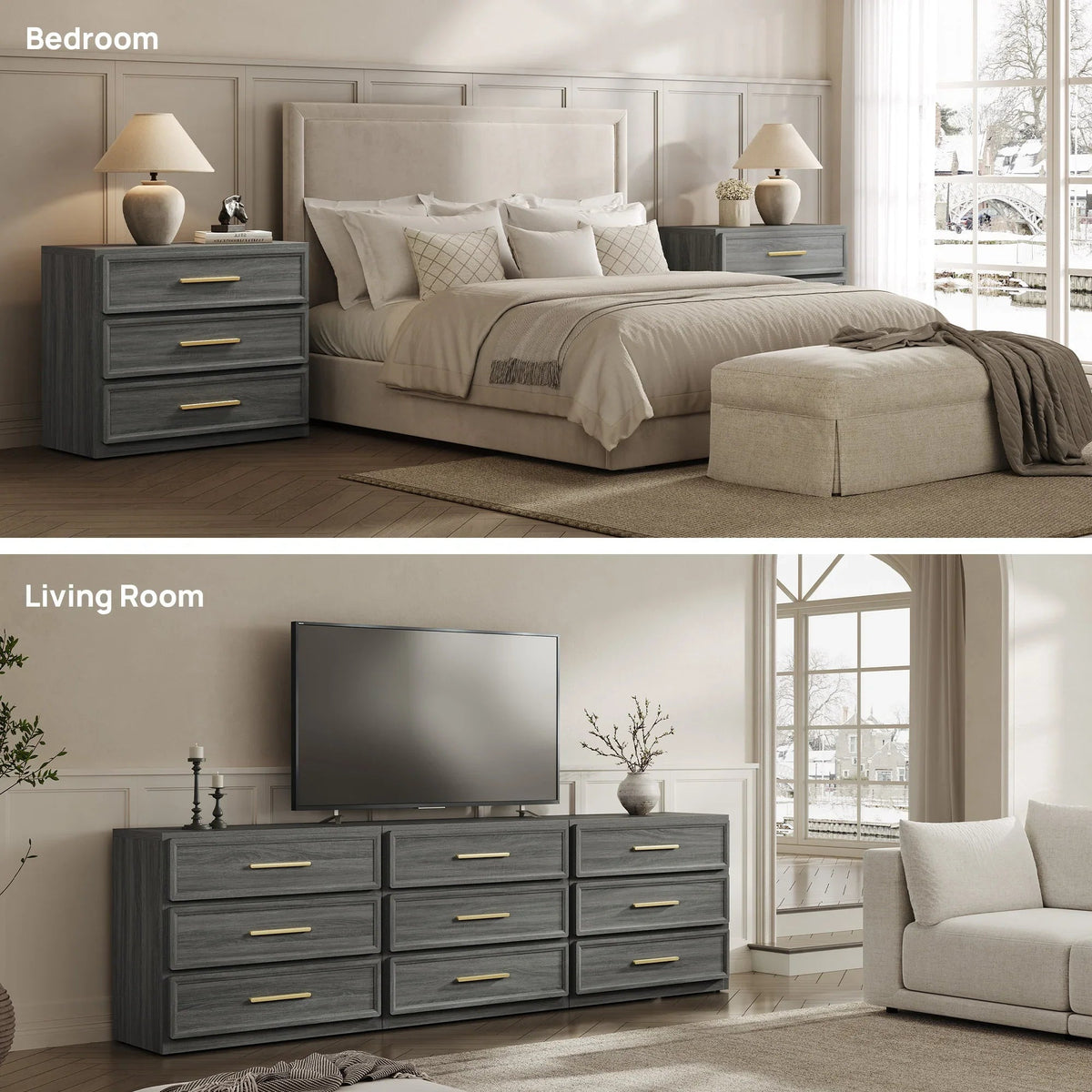 Crescent Modular 9 Drawers Dresser, 93.9 Inch Wide - Greige Oak - 3-Piece Set
