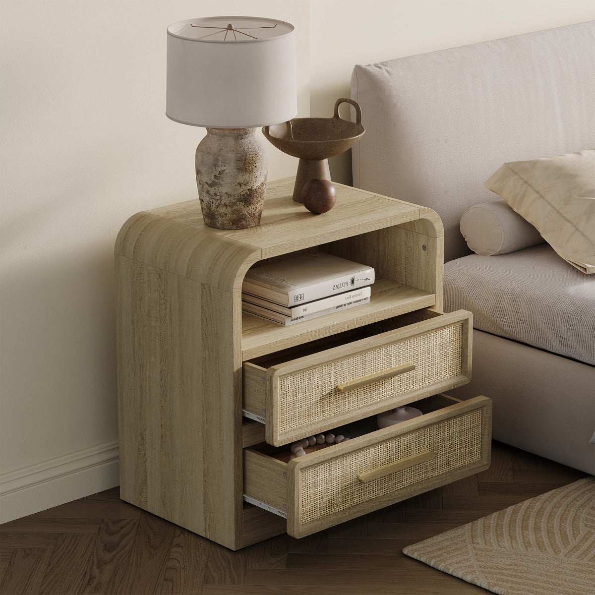 Crescent Rattan Nightstand with 2 Drawers, 25Inch Wide