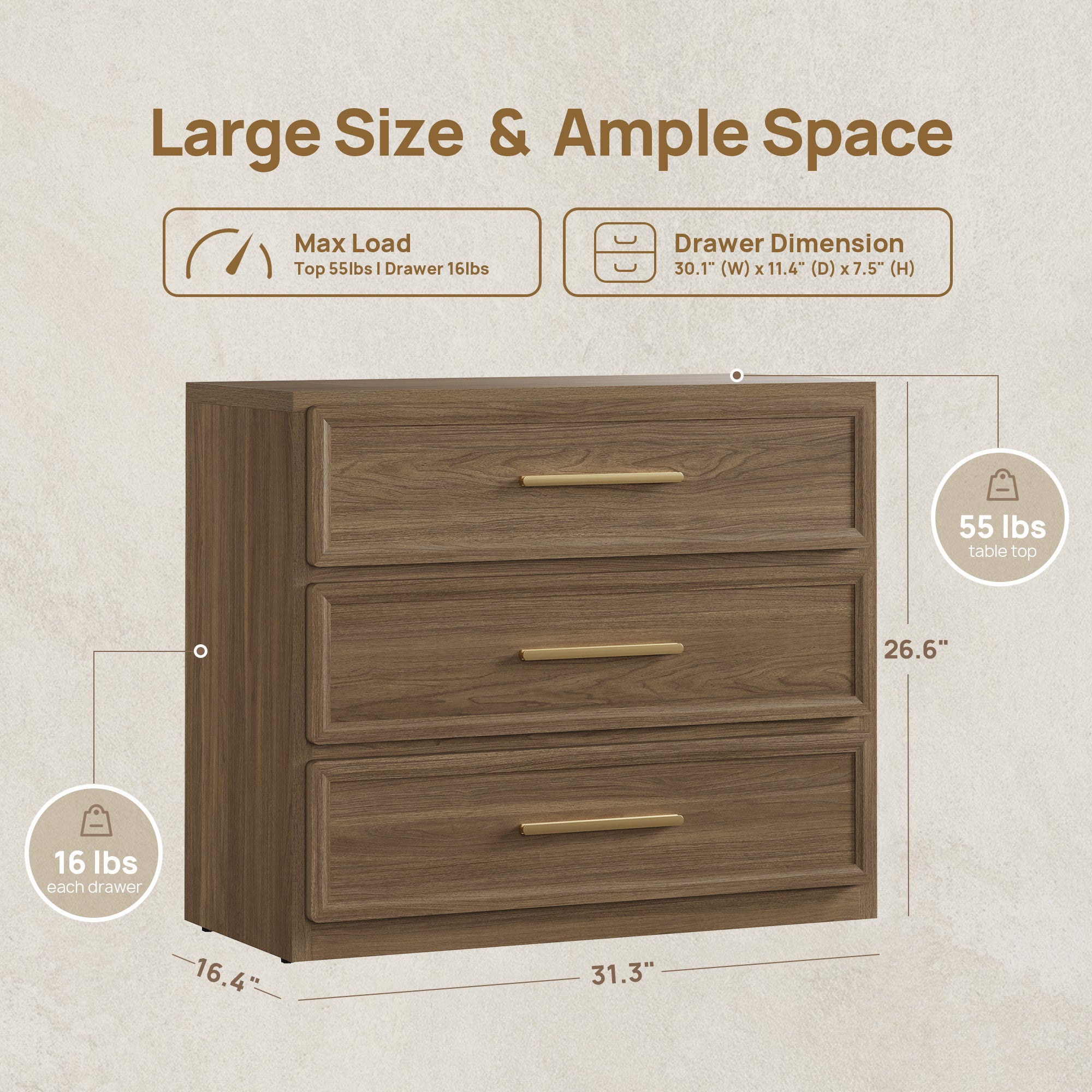 Crescent Nightstand with 3 Drawers, Bedside Table with Drawers
