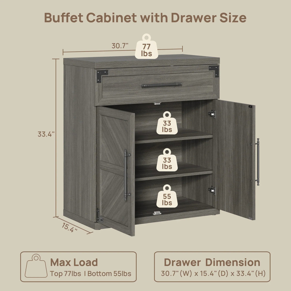 Willow Sideboard with 1 Drawer and 2 Doors, Set of 3