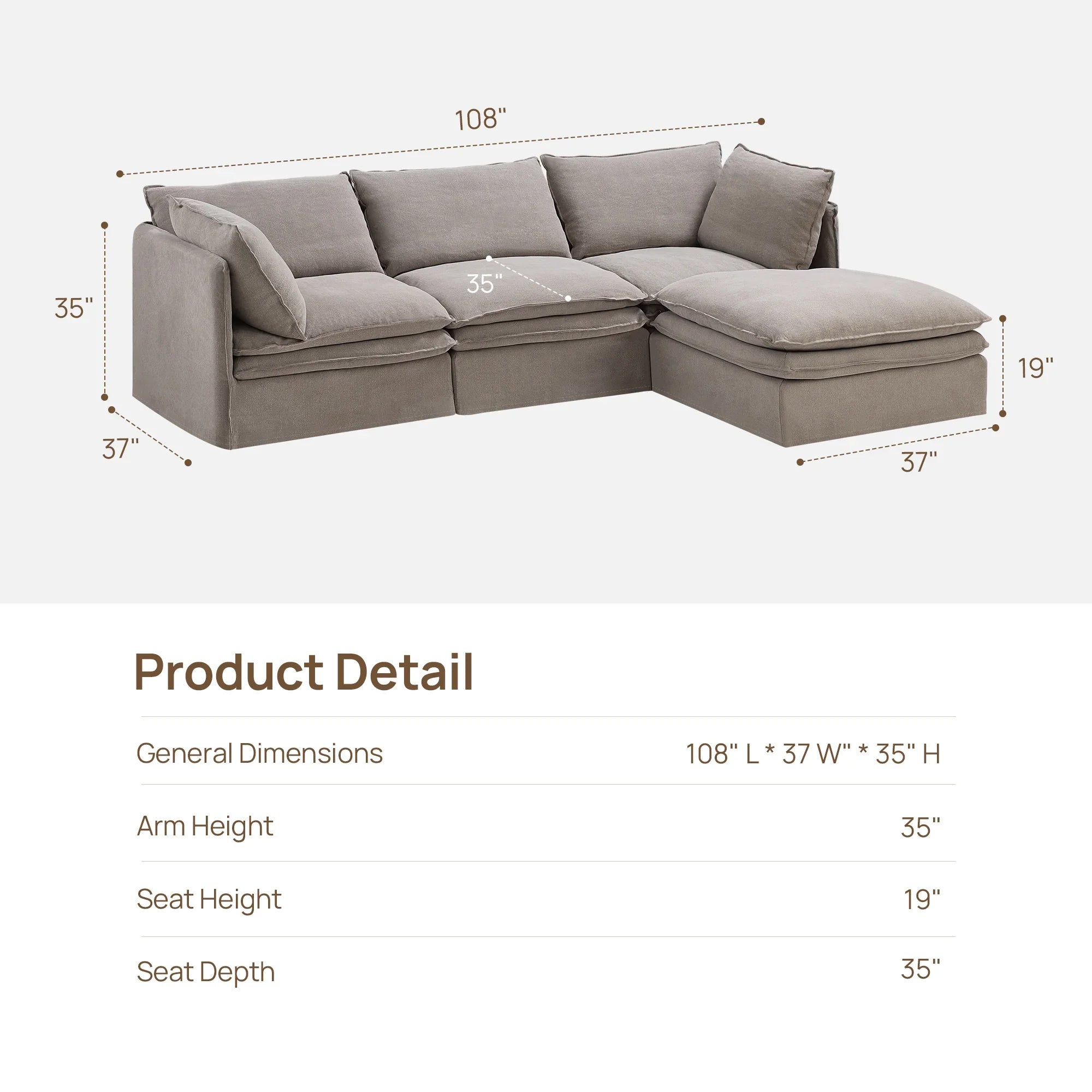 Eira Down-Filled L-Shape Sofa, 108 Inches Wide